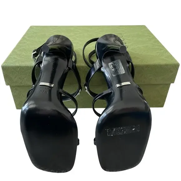 GUCCI Women's Horsebit Caged T Strap High Heel Sandals Black Silver 37.5 US 7.5 - Picture 9 of 16